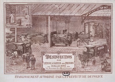 Poster pubblicitario per macchinari per la disinfezione a vapore prodotto da Hallu Aine, fine XIX secolo da Emile Bourdelin