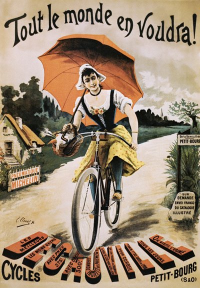 Poster vintage di donna che va in bicicletta con un ombrello rosso da Emile Clouet