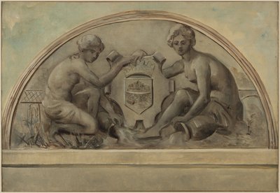 Bozzetto per il frontone del gruppo scolastico di Alfortville: La Senna e la Marna che incorniciano lo stemma di Alfortville, 1898 da Emile Delbos
