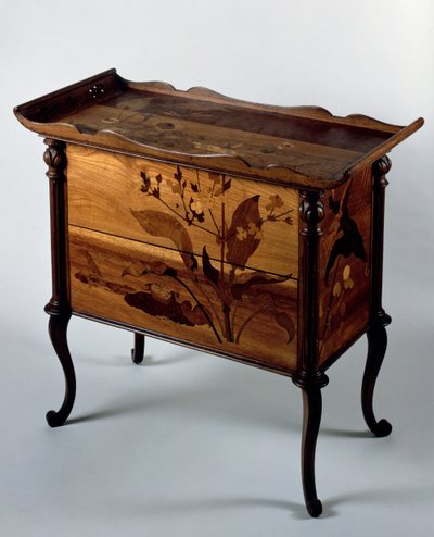 Comò in stile Art Nouveau con intarsi policromi e piano vassoio da Emile Galle