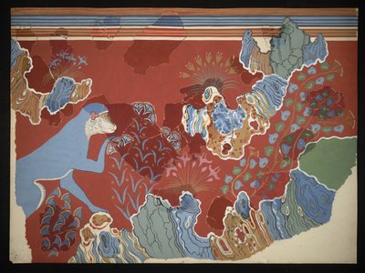 Affresco della Scimmia Blu in un paesaggio roccioso dalla Casa degli Affreschi a Cnosso (Disegno di Evans C/6), circa 1928 (carta, pigmento) da Emile Gilliéron