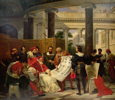 Papa Giulio II ordina a Bramante, Michelangelo e Raffaello di costruire il Vaticano e San Pietro, 1827 da Emile Jean Horace Vernet