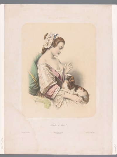 Giovane donna addestra il suo cagnolino (Faites le beau!) da Emile Lassalle