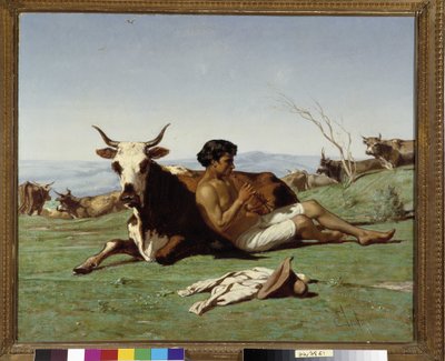 Giovane pastore che suona il flauto da Emile Loubon