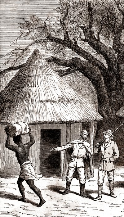 Esploratori e portatori davanti a una capanna africana, 1887 (incisione) da Emile Mas