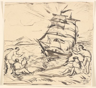 Paesaggio costiero con barca a vela e figure gesticolanti da Emile Othon Friesz