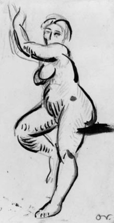 Modella femminile in piedi rivolta a sinistra con le braccia sollevate sopra la testa da Emile Othon Friesz