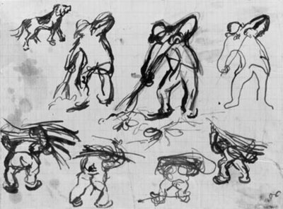 Sette schizzi di uomini che scavano e trasportano legna, e schizzo di un cane da Emile Othon Friesz