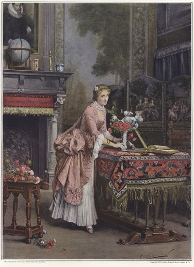 Una donna che mette un vaso di fiori su un tavolo da Emile Pierre Metzmacher