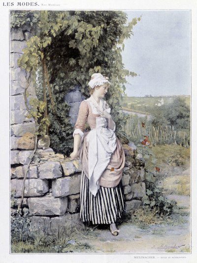 Donna sola che aspetta il suo appuntamento - illustrazione di Metzmacher, circa 1900 da Emile Pierre Metzmacher