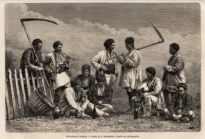 I mietitori bulgari, durante la loro pausa, con la falce e gli oggetti del loro lavoro quotidiano: pipa, bottiglia di vino e una sorta di biniou, incisione dal disegno di E. Metzmacher, illustrante il viaggio in Bulgaria, di Guillaume Lejean, nel 18 da Emile Pierre Metzmacher