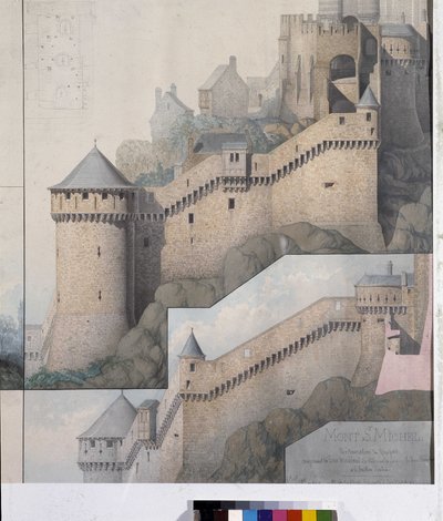 Vista dei machicoulis tra la Torre Nord e la Torre Claudine di Mont Saint Michel. Disegno di Emile Sagot. Museo Municipale di Avranches (Manche) da Emile Sagot