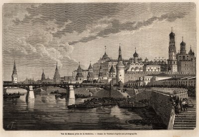 Veduta generale di Mosca, presa dalla Moskowa, disegno di Therond, per illustrare il viaggio da Shanghai a Mosca, dal 1859 al 1862, di M. de Bourboulon, Ministro di Francia in Cina. Incisione in "Le tour du monde", a cura di Edouard Charton da Emile Theodore Therond
