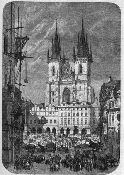 Architettura gotica: vista esterna della Chiesa di Nostra Signora di Týn a Praga. La sua costruzione durò dalla metà del XIV secolo al XVI secolo. Incisione di Therond in 