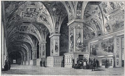 Vista interna della biblioteca Vaticana nel XVIII secolo. Incisione di Therond da un disegno di François Pannini da Emile Theodore Therond