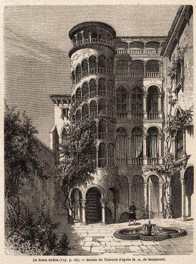 La Scala Antica. Disegno di Therond per illustrare il viaggio di Adalbert de Beaumont a Venezia, intorno al 1850. Incisione in "Le tour du monde", a cura di Edouard Charton da Emile Theodore Therond