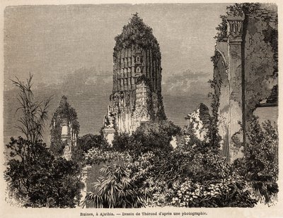 Le rovine prese nella vegetazione della giungla, ad Ajuthia (Thailandia), disegno di Therond, per illustrare il viaggio nei regni di Siam, Cambogia e Laos, dal 1858 al 1861, di Henri Mouhot. Incisione in "Le tour du monde" da Emile Theodore Therond