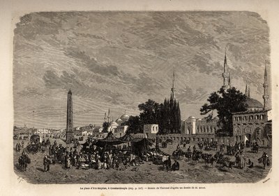 La piazza di Ett Meydan, Costantinopoli (odierna Istanbul, Turchia). Disegno di Therond per illustrare lo studio sulle donne turche del 1862 di F. Jerusalemy. Incisione in "Le tour du monde", a cura di Edouard Charton da Emile Theodore Therond