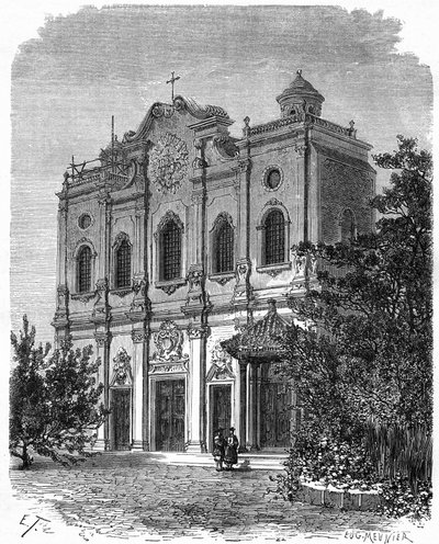 Vista della facciata della cattedrale di Nantang, costruita sul sito della casa di Matteo Ricci (1552-1610), padre del cattolicesimo in Cina. Incisione da un disegno di Therond, in "Le Tour du Monde, Nouveau journal des Voyages", a cura di Edouard Charton da Emile Theodore Therond