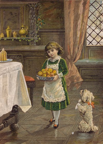 Ragazza che porta una ciotola di frutta (cromolitografia) da Emily Jane Harding Andrews