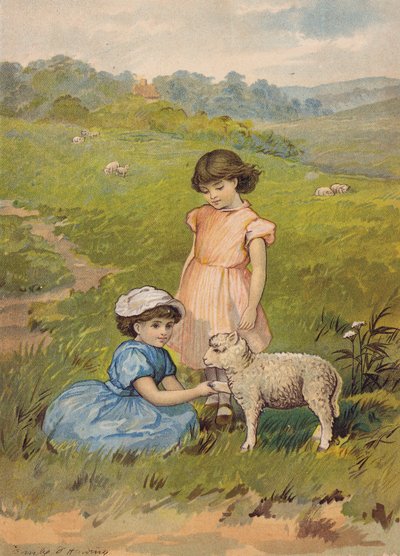 Due ragazze che accarezzano un agnello (cromolitografia) da Emily Jane Harding Andrews