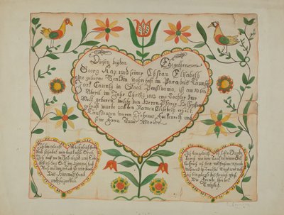 Fraktur - Certificato di nascita e battesimo da Emma M. Krumrine