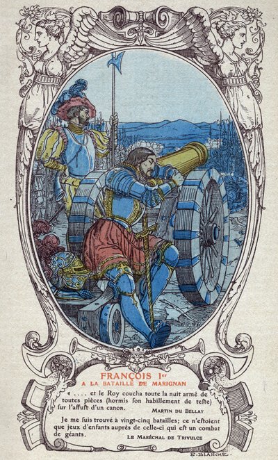 Il re di Francia Francesco I (1494-1547) alla battaglia di Marignano il 13 e 14 settembre 1515. Incisione del 1914 di Emmanuel Blanche (1880-1946). Collezione privata. da Emmanuel Blanche