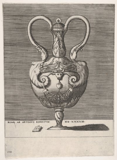 Vaso antico con coperchio e due manici che emergono dalle teste di sfingi femminili ibride..., 1543 o dopo da Enea Vico