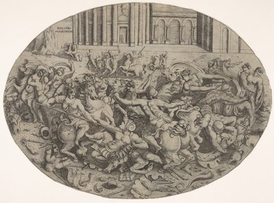 Combattimento tra Amazzoni e uomini davanti ad arcate architettoniche, una composizione ovale, 1543 da Enea Vico