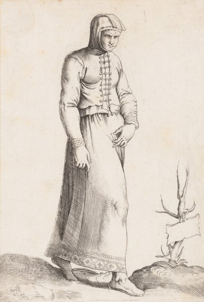 Tavola di costume: Donna con indumento con cappuccio da Enea Vico
