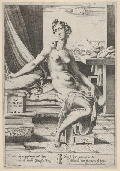 Lucrezia nuda e seduta davanti a una finestra, un pugnale nella mano destra e tenendo, ca. 1535-67 da Enea Vico