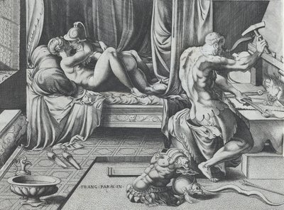 Venere e Marte che si abbracciano mentre Vulcano lavora alla sua fucina da Enea Vico