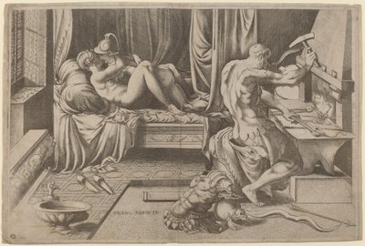 Venere e Marte che si abbracciano con Vulcano alla sua fucina da Enea Vico after Parmigianino