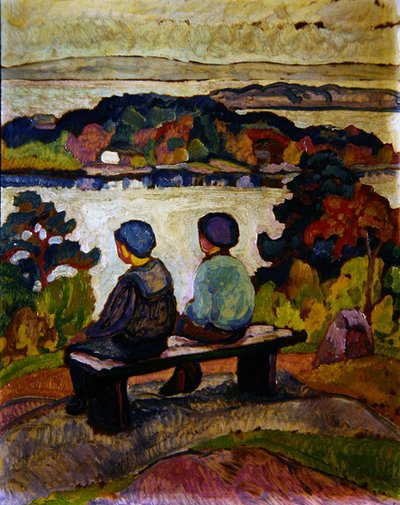 Due ragazzi in un paesaggio fluviale da Engelbert Gminska