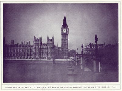 Una vista delle Case del Parlamento e del Big Ben nei raggi della luna del cacciatore, durante il blackout, da The Illustrated War News, pubblicato l