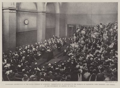 Celebrazione del centenario del Royal College of Surgeons, presentazione dei diplomi al Marchese di Salisbury, Lord Rosebery e altri, all