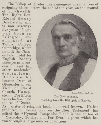 Dr Bickersteth, in pensione dal vescovato di Exeter da English Photographer