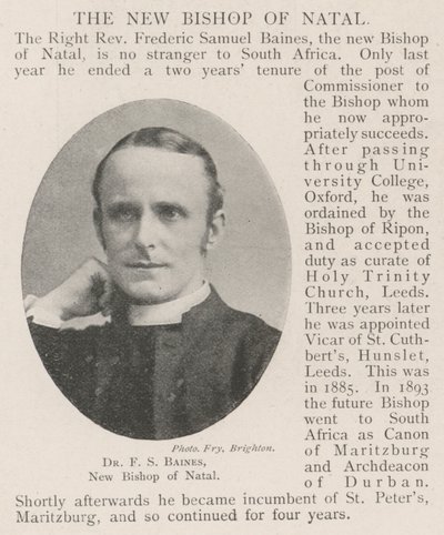 Dr F S Baines, nuovo vescovo di Natal da English Photographer