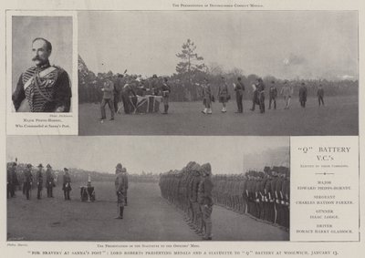 Per il coraggio a Sannas Post, Lord Roberts che presenta medaglie e una statuetta alla batteria Q a Woolwich, 13 gennaio da English Photographer