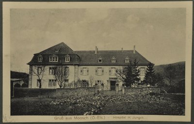 Saluti da Moosch (O.-Els) - Ospedale H. Jungck, cartolina dai Vosgi, 1915 da English Photographer