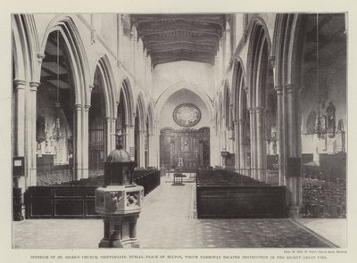 Interno della Chiesa di St Giles, Cripplegate, luogo di sepoltura di Milton, che ha evitato per poco la distruzione nel recente grande incendio da English Photographer