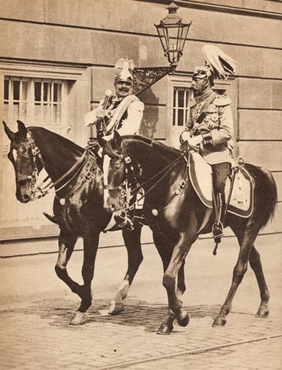 Re Giorgio V e il Kaiser Guglielmo II lasciano Potsdam per assistere a una rassegna delle truppe nel 1913, illustrazione da 