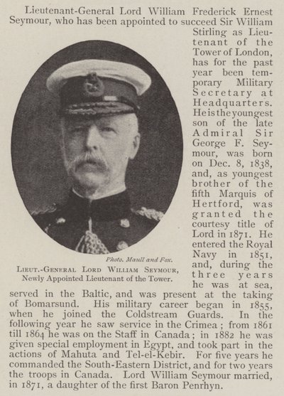Il tenente generale Lord William Seymour, recentemente nominato tenente della Torre da English Photographer
