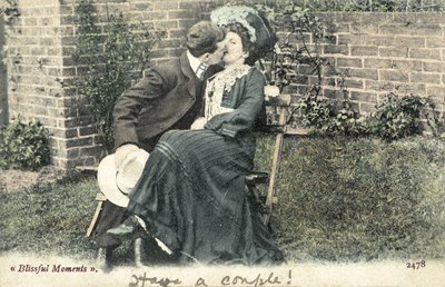 Uomo che ruba un bacio a una ragazza su una panchina da giardino da English Photographer
