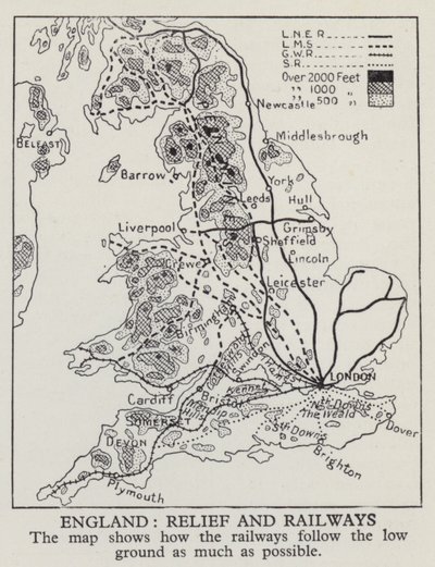 Mappa che mostra come le ferrovie in Inghilterra seguono il terreno basso il più possibile da English Photographer