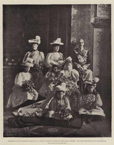 Matrimonio di Lady Margaret Grosvenor con il principe Adolphus di Teck a Eaton Hall, Chester, la sposa, lo sposo e le damigelle da English Photographer