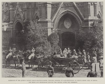 Matrimonio della pronipote maggiore della regina, la principessa Feodora di Sassonia-Meiningen, con il principe Henry XXX di Reuss, la sposa e lo sposo che lasciano la chiesa dopo la cerimonia da English Photographer