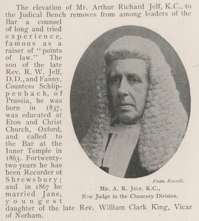Il signor A R Jelf, KC, nuovo giudice nella divisione della cancelleria da English Photographer
