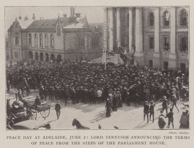 Il giorno della pace ad Adelaide, 2 giugno, Lord Tennyson annuncia i termini della pace dai gradini del Parlamento da English Photographer