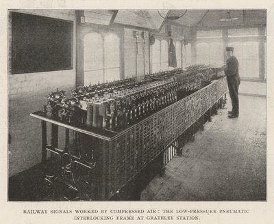 Segnali ferroviari azionati ad aria compressa, il telaio di interblocco pneumatico a bassa pressione alla stazione di Grateley da English Photographer